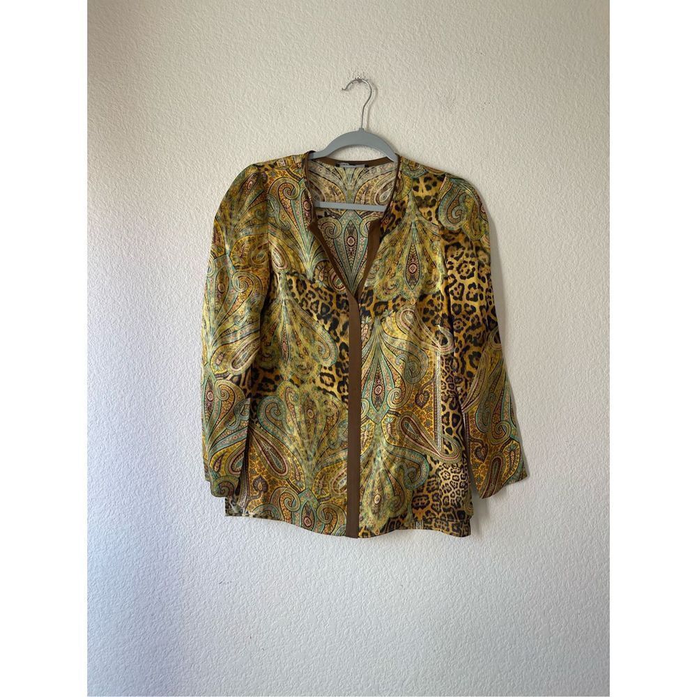 Lafayette 148 100% silk animal print paisley long sleeve blouse size 2